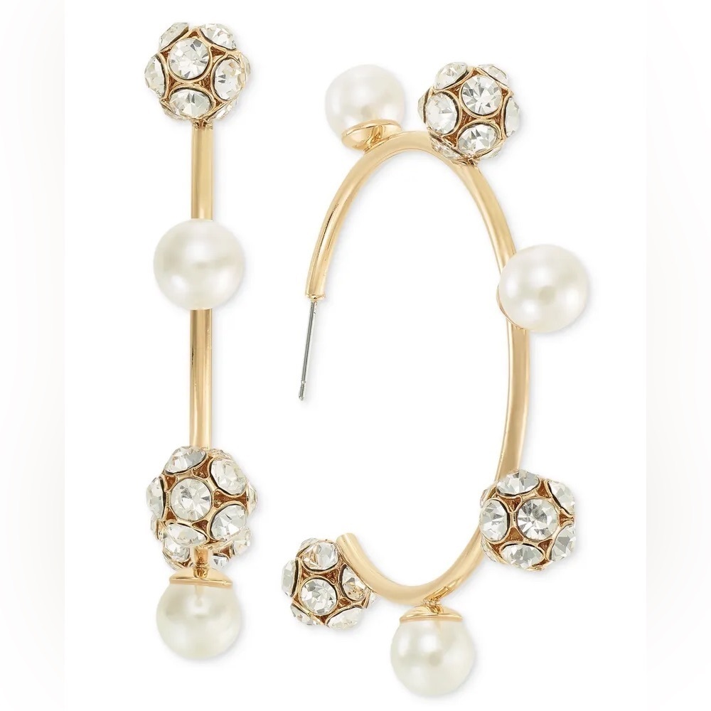 NWT Large Pave Fireball & Imitation Pearl C-Hoop Earrings